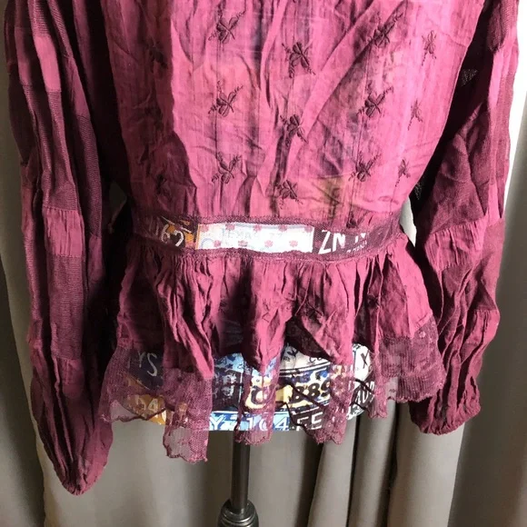 Free People Boho Hippy Floral Embroidered Sheer Paneling Long Sleeve Blouse - Picture 9 of 12